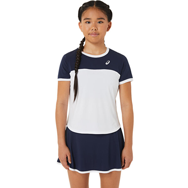 Asics Girls Tennis Ss Top Büyük Unisex Çocuk Beyaz Lacivert Kısa Kollu Tshirt 2044A039-102-1